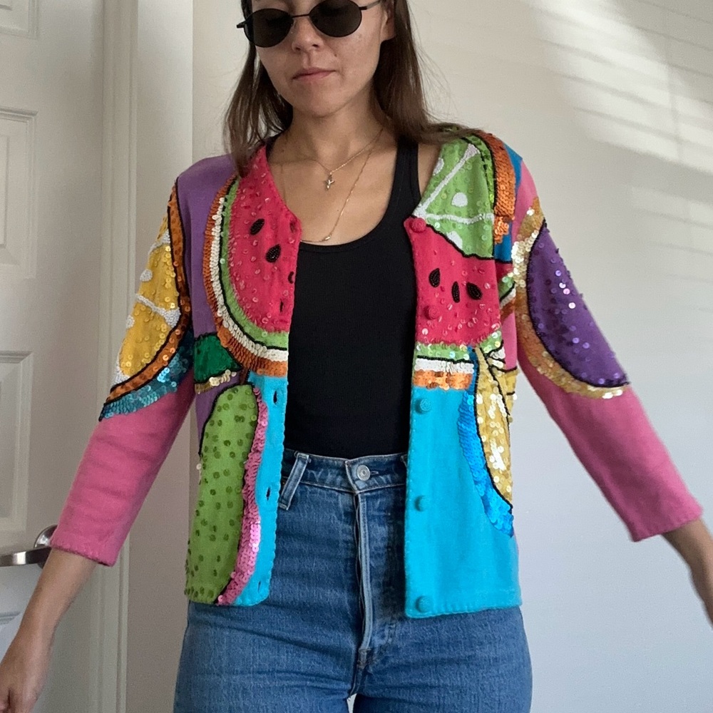 MICHAEL SIMON COLORFUL SEQUENCE FRUIT CARDIGAN small